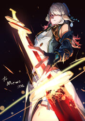  absurdres au_ra blurry blurry_foreground commission dragon_horns female final_fantasy final_fantasy_xiv fingerless_gloves gloves gradient_background heterochromia highres horns ibaraki_shun long_hair looking_at_viewer multicolored_hair original pink_eyes skeb_commission solo sword two-tone_hair warrior_of_light_(ff14) weapon white_hair yellow_eyes 