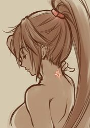  bare_shoulders breasts brown_eyes brown_hair closed_mouth female hair_ribbon high_ponytail long_hair misono_mitama neck_tattoo nude ponytail ribbon saionji_reimi simple_background solo star_ocean star_ocean_the_last_hope tattoo 