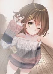  absurdres bare_shoulders brown_hair collarbone cowboy_shot dutch_angle female hair_ornament hairclip hand_in_own_hair highres hirasawa_yui indoors k-on! knit_sweater meemz_a off-shoulder_sweater off_shoulder one_eye_closed shadow short_hair single_bare_shoulder sleeves_past_wrists solo standing sweater wooden_floor 