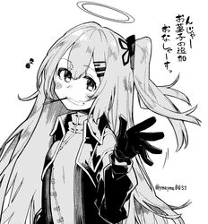  ambriel_(arknights) arknights eighth_note female food gloves greyscale grin hair_ornament hairclip halo hand_up highres jacket long_hair long_sleeves looking_at_viewer monochrome mouth_hold musical_note one_side_up open_clothes open_jacket pocky shirt simple_background smile solo teeth translation_request twitter_username upper_body very_long_hair waving white_background yom_(ymayma00ss) 