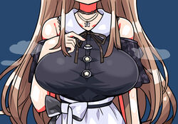  apron bare_shoulders breast_focus breasts choker commentary_request female furen_e_lustario furen_e_lustario_(2nd_costume) head_out_of_frame jewelry kanikama large_breasts light_brown_hair long_hair necklace nijisanji official_alternate_costume solo upper_body virtual_youtuber waist_apron 