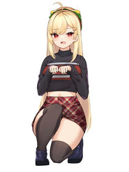  :d absurdres ahoge black_footwear black_shirt black_thighhighs blonde_hair commentary convenient_leg crop_top female hamburger_hat hat highres jingburger korean_commentary loafers long_hair long_sleeves looking_at_viewer midriff miniskirt open_mouth paw_pose pencil_skirt plaid plaid_skirt red_eyes red_skirt shirt shoes skirt smile solo squatting thighhighs thighs very_long_hair virtual_youtuber waktaverse ziro_(zirorong) 