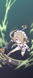  absurdres brown_hair chibi closed_mouth female full_body green_background hair_over_one_eye highres holding holding_scythe holding_weapon honkai_(series) honkai_impact_3rd long_hair looking_at_viewer maid maid_headdress mole mole_under_eye mon_momu one-piece_swimsuit purple_eyes rita_rossweisse rita_rossweisse_(phantom_iron) scythe smile swimsuit twintails weapon 