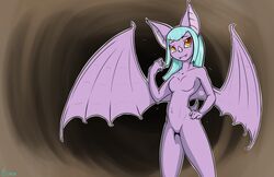  anthro bat breasts edgarkingmaker eyes_in_darkness featureless_breasts featureless_crotch female hair mammal outline simple_background smile smiling_at_viewer solo tagme teal_hair white_outline 