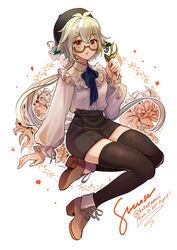  alternate_costume animal_ears ankle_boots black_skirt black_thighhighs boots brown_footwear casual character_name commentary_request contemporary dog_ears female flower fold-over_boots full_body genshin_impact glasses green_hair hair_between_eyes hakamii hat highres holding holding_flower long_hair long_sleeves looking_at_viewer low_ponytail miniskirt multicolored_hair parted_lips semi-rimless_eyewear shirt shoes sidelocks simple_background sitting skirt solo streaked_hair sucrose_(genshin_impact) thighhighs twitter_username white_hair white_shirt yellow_eyes zettai_ryouiki 