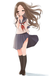  blush brown_eyes brown_hair closed_mouth clothes_lift female floating_hair full_body highres karakai_jouzu_no_takagi-san long_hair long_sleeves looking_at_viewer md5_mismatch pleated_skirt school_uniform shiron_23 simple_background skirt skirt_lift smile solo standing takagi-san thighhighs white_background wind wind_lift 