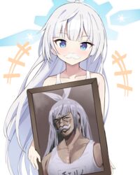  absurdres blue_archive blue_eyes blue_halo cherino_(blue_archive) cherino_(hot_spring)_(blue_archive) facial_hair fake_facial_hair female genderswap_(ftm) grey_hair halo highres long_hair looking_at_viewer one-piece_swimsuit photo_(object) redshark_(t373412) rule_63 school_swimsuit simple_background solo swimsuit white_background white_facial_hair white_one-piece_swimsuit 