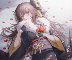  black_gloves brown_hair female flower girls&#039;_frontline gloves hair_ribbon holding holding_flower japanese_clothes kimono long_hair looking_at_viewer lying new_year official_alternate_costume on_back open_mouth partially_fingerless_gloves petals ribbon scar scar_across_eye scar_on_face simple_background solo ump45_(girls&#039;_frontline) ump45_(lonely_traveler_of_eternity)_(girls&#039;_frontline) urano_ura yellow_eyes 