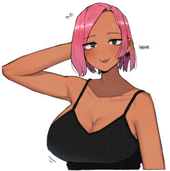  blush breasts cleavage dark-skinned_female dark_skin earrings english_text female jewelry large_breasts looking_at_viewer ohasi original pink_(ohasi) pink_hair short_hair simple_background solo sweat tank_top white_background 