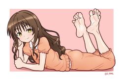  barefoot blush border brown_hair closed_mouth collarbone collared_shirt commentary commission english_commentary feet feet_up female foot_focus frilled_sleeves frills full_body head_rest long_hair lying on_stomach orange_pants orange_shirt pajamas pants pink_background puffy_short_sleeves puffy_sleeves shirt short_sleeves sidelocks smile soles solo spread_toes the_pose to_love-ru toes tsukimaru_(ls_99ml) twitter_username white_border yellow_eyes yuuki_mikan 