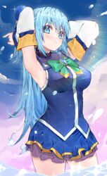  absurdres ai-nohikari aqua_(konosuba) armpits arms_up bare_shoulders blue_eyes blue_hair blue_shirt blue_skirt blush bow bowtie breasts brooch closed_mouth commentary cowboy_shot detached_sleeves expressionless female green_bow green_bowtie hair_between_eyes highres jewelry kono_subarashii_sekai_ni_shukufuku_wo! large_breasts light_rays long_hair looking_at_viewer miniskirt partially_submerged shirt skirt skirt_set sleeveless sleeveless_shirt solo sparkle standing very_long_hair 