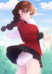  absurdres artist_name ass black_skirt blue_sky braid braided_ponytail brown_eyes brown_hair clothes_lift cloud cloudy_sky commentary commission cowboy_shot cup day disposable_cup drinking_straw female frilled_panties frills girls_und_panzer hair_ornament hairclip highres holding holding_cup holding_towel itsumip jacket lace-trimmed_panties lace_trim light_frown long_hair long_sleeves looking_at_viewer looking_back military military_uniform miniskirt outdoors panties pantyshot parted_lips pleated_skirt red_jacket rukuriri_(girls_und_panzer) signature single_braid skeb_commission skirt skirt_lift sky solo st._gloriana&#039;s_military_uniform standing towel underwear uniform white_panties wind wind_lift wiping_sweat 