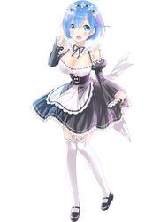  apron black_dress black_footwear black_ribbon black_sleeves blue_eyes blue_hair blush breasts cleavage commentary_request detached_sleeves dress female flower_knot frills full_body garter_straps hair_ornament hair_ribbon juliet_sleeves large_breasts long_sleeves looking_at_viewer maid maid_headdress open_mouth puffy_sleeves re:zero_kara_hajimeru_isekai_seikatsu rem_(re:zero) ribbon ribbon-trimmed_sleeves ribbon_trim roswaal_mansion_maid_uniform short_hair smile solo thighhighs uonuma_yuu waist_apron white_thighhighs x_hair_ornament 