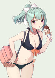  bikini black_bikini breasts brown_eyes cleavage collarbone cowboy_shot female food green_hair holding holding_food holding_ice_cream ice_cream ice_cream_cone kantai_collection large_breasts mitsuyo_(mituyo324) navel open_mouth ponytail short_hair solo swimsuit yuubari_(kancolle) yuubari_kai_ni_(swimsuit_mode)_(kancolle) 