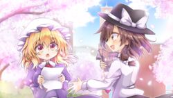  2girls black_headwear blonde_hair blouse bow brick_wall brown_eyes brown_hair cherry_blossoms commentary_request flyer hat hat_bow highres keyaki_chimaki maribel_hearn mob_cap multiple_girls open_mouth outdoors shirt touhou tree upper_body usami_renko white_headwear white_shirt yellow_eyes 