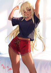  absurdres arms_up blonde_hair breasts commission contrapposto dark-skinned_female dark_skin elf female hair_between_eyes highres ibaraki_shun long_hair looking_at_viewer medium_breasts one_eye_closed open_mouth pointy_ears sansei_muramasa shirt shorts skeb_commission solo soukou_akki_muramasa standing t-shirt yellow_eyes 