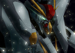  absurdres bad_id bad_pixiv_id black_background commentary embers glowing glowing_eyes green_eyes gundam gundam_hathaway&#039;s_flash highres mecha midori_no_ryokucha mobile_suit no_humans portrait robot science_fiction solo v-fin xi_gundam 