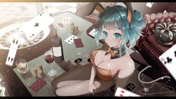  absurdres alcohol animal_ears aqua_eyes aqua_hair aria_rin armada_niwaka armchair bare_shoulders blue_eyes blue_hair bottle bow bowtie breasts card chair checkered_floor cleavage commentary commission crown cup detached_collar drinking_glass english_commentary feet_on_table female fishnet_pantyhose fishnets gambling gem highres indie_virtual_youtuber indoors jewelry legs_together letterboxed light_particles looking_at_viewer medium_breasts necklace no_shoes on_table pantyhose pearl_necklace playboy_bunny playing_card poker_chip rabbit_ears red_wine roulette roulette_table second-party_source short_hair sitting skeb_commission smile solo strapless table thick_eyebrows thighs traditional_bowtie unworn_headwear unworn_jewelry virtual_youtuber wine wine_glass yokozuwari 