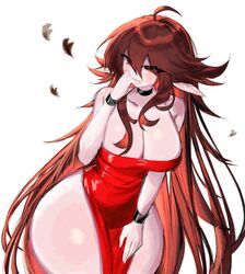  ahoge black_choker blush breasts brown_hair choker cleavage cowboy_shot curvy dress elf female friday_night_funkin&#039; girlfriend_(friday_night_funkin&#039;) hair_between_eyes heart large_breasts leaning_forward long_hair low_neckline pelvic_curtain pointy_ears red_dress red_eyes simple_background solo strapless strapless_dress thick_thighs thighs usa37107692 very_long_hair white_background wide_hips 