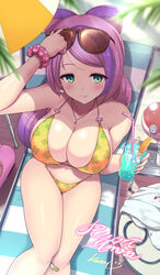  alternate_costume arm_up bandaid bandaid_on_knee bandaid_on_leg bikini blush bow-shaped_hair breasts brown-framed_eyewear cleavage closed_mouth commentary_request cup day deck_chair drinking_straw eyelashes eyeliner eyeshadow eyewear_on_head female from_above glass green_eyes highres holding holding_cup jewelry kasai_shin long_hair makeup miriam_(pokemon) necklace outdoors pink_eyeliner pink_eyeshadow pink_hair pokemon pokemon_sv scrunchie sitting smile solo sunglasses swimsuit wrist_scrunchie 