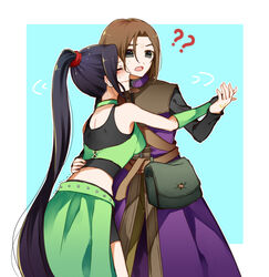  1boy :o ? ?? beifunan black_eyes blue_background blush border brown_hair closed_eyes crop_top dancing dragon_quest dragon_quest_xi embarrassed female fingerless_gloves gloves hand_on_another&#039;s_back hero_(dq11) highres long_hair martina_(dq11) midriff pouch purple_hair sweatdrop very_long_hair waist_cape wavy_mouth white_border 