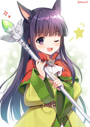  ;d animal_ear_fluff animal_ears ascot belt belt_buckle blunt_bangs blush brown_belt buckle capelet commentary_request dog_ears dog_girl dress duplicate female green_dress holding holding_staff kasumi_(princess_connect!) long_hair long_sleeves looking_at_viewer mauve one_eye_closed open_mouth photoshop_(medium) pixel-perfect_duplicate princess_connect! purple_eyes purple_hair red_capelet round_teeth smile solo sparkle staff star_(symbol) teeth twitter_username upper_teeth_only very_long_hair white_ascot white_background wide_sleeves 