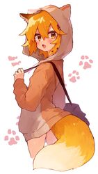  animal_ears bag blush commentary_request cowboy_shot cropped_legs female fox_ears fox_girl fox_tail hair_between_eyes hood hood_up hoodie looking_at_viewer looking_back oerba_yun_fang official_art open_mouth orange_hair orange_hoodie paw_print rimukoro senko_(sewayaki_kitsune_no_senko-san) sewayaki_kitsune_no_senko-san short_hair shoulder_bag simple_background skin_fang solo tail white_background yellow_eyes 