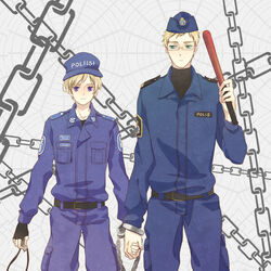  2boys axis_powers_hetalia baseball_cap baton_(weapon) belt belt_buckle black_belt black_sweater blonde_hair blue_jacket blue_pants breast_pocket buckle chains coat_of_arms collared_jacket commentary_request cuffs fingerless_gloves finland_(hetalia) finnish_text garrison_cap glasses gloves green_eyes hand_grab handcuffs hat insignia jacket lannyhikari looking_at_another looking_at_viewer multiple_boys pants pocket police police_uniform purple_eyes short_hair shoulder_strap sweater sweden_(hetalia) swedish_text swedish_uniform tre_kronor turtleneck turtleneck_sweater uniform weapon whistle 