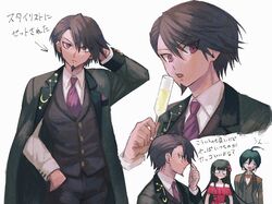  2boys :d ahoge alternate_hairstyle bare_shoulders black_hair blush bow bowtie brown_hair brown_jacket brown_vest closed_mouth collarbone collared_shirt commentary constellation crescent crescent_pin danganronpa_(series) danganronpa_10th_anniversary_costume danganronpa_v3:_killing_harmony dress facial_hair female glass goatee grey_background hand_in_own_hair hand_up harukawa_maki highres holding jacket jacket_on_shoulders lapel_pin lapels long_sleeves looking_at_another looking_at_viewer male_focus momota_kaito multiple_boys multiple_views necktie no_pupils notched_lapels official_alternate_costume open_mouth red_dress red_eyes saihara_shuichi shawl_lapels shirt short_hair simple_background smile solo_focus star_(symbol) sweat traditional_bowtie translated vest visket53 white_shirt 