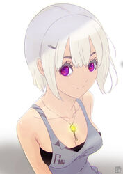  absurdres breasts cleavage female gradient_background highres jewelry key looking_at_viewer medium_breasts okuto original pendant photoshop_(medium) purple_eyes short_hair smile solo tank_top upper_body white_hair 