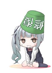  @_@ black_dress black_ribbon black_socks brown_eyes bucket bucket_on_head collared_shirt dress female grey_hair hair_ribbon highres kantai_collection kasumi_(kancolle) kasumi_kai_ni_(kancolle) kneehighs long_hair long_sleeves object_on_head open_mouth pinafore_dress repair_bucket ribbon ryouki_(ryoki_215) shirt side_ponytail sleeveless sleeveless_dress socks solo white_background white_shirt 