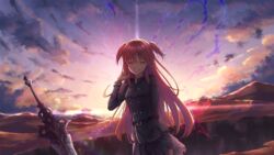  arm_behind_back black_jacket black_skirt chtholly_nota_seniorious closed_eyes crying facing_viewer female floating_hair grin highres jacket lens_flare long_hair long_sleeves marinesnow military military_jacket military_uniform miniskirt outdoors pleated_skirt red_hair see-through_silhouette shuumatsu_nani_shitemasu_ka? skirt smile solo sparkle standing sunset sword tears torn_clothes torn_jacket torn_skirt two_side_up uniform very_long_hair weapon 