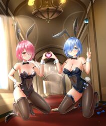  2girls absurdres animal_ears arm_strap bare_shoulders black_footwear black_leotard black_pantyhose black_thighhighs blue_eyes blue_hair blush breasts chandelier cleavage collarbone covered_navel detached_collar fake_animal_ears hair_over_one_eye heart heart_hands heart_hands_duo highres indoors itacho_(itasha_draws) kneeling leotard multiple_girls pantyhose pink_hair playboy_bunny rabbit_ears ram_(re:zero) re:zero_kara_hajimeru_isekai_seikatsu rem_(re:zero) short_hair siblings single_leg_pantyhose single_thighhigh sisters smile thighhighs twins v window wing_collar wrist_cuffs 