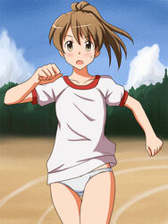  blue_sky blush brown_eyes brown_hair cloud cloudy_sky commentary_request commission crotch_seam day female gym_shirt gym_uniform lielos looking_at_viewer medium_hair no_pants open_mouth original outdoors panties partial_commentary pixiv_commission poniko_(lielos) ponytail running running_track shirt short_sleeves sky solo sweatdrop thigh_gap underwear white_panties white_shirt 