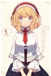  ! :o alice_margatroid alternate_costume black_skirt blonde_hair blue_eyes breasts bright_pupils capelet commentary_request corset female hairband highres large_breasts long_sleeves looking_at_viewer necktie red_necktie short_hair skirt solo spoken_exclamation_mark standing touhou translated usamata 