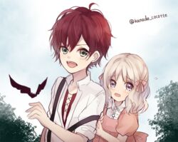  1boy alternate_hairstyle bat blonde_hair blush collarbone crying diabolik_lovers dress female green_eyes hair_ribbon ichinose_(sorario) komori_yui lolicon looking_at_viewer oerba_yun_fang open_mouth outdoors pink_eyes red_hair ribbon sakamaki_ayato smile suspenders tears twitter_username upper_body vampire younger 