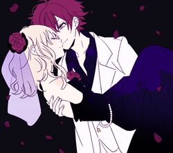  1boy black_background black_dress black_shirt blonde_hair blush bridal_gauntlets bridal_veil bride carrying closed_eyes collarbone diabolik_lovers dress elbow_gloves female flat_chest flat_color formal gloves green_eyes groom kiri_(qoo) komori_yui looking_at_another petals petite princess_carry red_hair red_rose rose sakamaki_ayato simple_background smile unbuttoned wedding white_jacket white_pants 