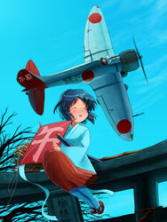  a5m aircraft airplane bamboo_broom broom commentary_request female flying goggles inui_(jt1116) japanese_clothes kite miko original pilot pilot_suit smile sword vehicle_focus weapon 