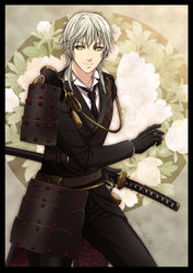  1boy armor black_border black_gloves border commentary_request cosplay cowboy_shot floral_background flower gloves highres japanese_armor karuta410 katana male_focus necktie peony_(flower) shokudaikiri_mitsutada shokudaikiri_mitsutada_(cosplay) shoulder_armor smile sode sword touken_ranbu tsurumaru_kuninaga weapon white_hair yellow_eyes 