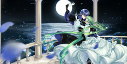  1boy altar black_jacket blue_eyes blue_flower blue_hair blurry cantarella_(vocaloid) commentary dancing depth_of_field doblemjwn domino_mask dress female flower frilled_dress frills full_moon gloves gown green_hair hatsune_miku highres holding jacket kaito_(vocaloid) long_hair mask moon motion_blur night night_sky ocean petals photoshop_(medium) pillar project_diva_(series) rosa_bianca_(module) rosa_blue_(module) rose shooting_star sky star_(sky) star_(symbol) starry_sky twintails very_long_hair vocaloid waves white_dress white_flower 