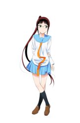  bonyari_high_school_uniform brown_hair female full_body glasses green_eyes highres loafers long_hair long_sleeves miyamoto_ruri necktie nisekoi official_art ponytail rimless_eyewear school_uniform shoes socks sugiyama_nobuhiro transparent_background very_long_hair 