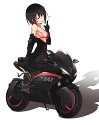  ass bare_shoulders black_eyes black_gloves black_hair black_leotard black_motorcycle blush bodysuit breasts closed_mouth eyebrows_visible_through_hair eyelashes female gloves hair_between_eyes heart leotard mask medium_breasts open_clothes oteruko_(wanabeee) pink_bikini_top short_hair shorts spoken_heart sweatdrop tagme tongue tongue_out yuuri_arisugawa 