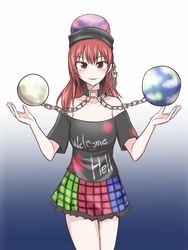  bare_shoulders chains clothes_writing collar commentary_request english_text female hat hecatia_lapislazuli kuroba_rapid long_hair multicolored_clothes multicolored_skirt off-shoulder_shirt off_shoulder red_eyes red_hair shirt skirt solo t-shirt touhou 