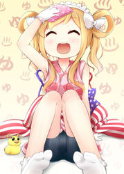  :d ^_^ american_flag armpits bike_shorts blonde_hair closed_eyes commentary_request facing_viewer female gloves grimoire_~shiritsu_grimoire_mahou_gakuen~ handkerchief holding koshimizu_sofia lolita_fashion miyako_hito open_mouth photoshop_(medium) sitting smile socks solo twintails wa_lolita white_gloves 