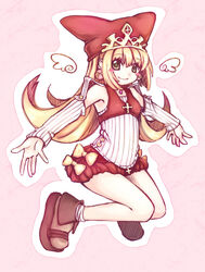  bare_legs blonde_hair blush_stickers boots commentary_request female flipped_hair full_body green_eyes hat kururu_(little_princess) little_princess long_hair looking_at_viewer marl_kingdom outstretched_arms puffy_shorts rhapsody shira_(shirataki04) shorts socks solo spread_arms very_long_hair 