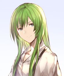  1other androgynous aqua_eyes closed_mouth collarbone commentary_request enkidu_(fate) fate/strange_fake fate_(series) gradient_background green_hair hair_between_eyes mirei_kh13 smile solo straight_hair upper_body 