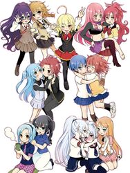  6+girls age_difference ahoge akuma_no_riddle azuma_tokaku bad_id bad_twitter_id banba_mahiru banba_shin&#039;ya black_hair blonde_hair blue_eyes blue_hair blush bow braid brown_hair dress dual_persona glasses grey_hair hair_ornament hairband hairclip hairpin hanabusa_sumireko hashiri_nio height_difference ichinose_haru inukai_isuke kaminaga_kouko kenmochi_shiena kirigaya_hitsugi long_hair looking_at_viewer midriff morishima_akiko multiple_girls namatame_chitaru navel necktie onee-loli open_mouth orange_hair pantyhose pink_hair ponytail purple_eyes purple_hair red_eyes red_hair sagae_haruki scar school_uniform serafuku short_hair shutou_suzu simple_background skirt smile sweater_vest takechi_otoya thighhighs turtleneck twintails white_background white_hair yellow_eyes yuri 