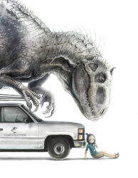  anachronism aqua_shirt ari_hinoko arm_support black_hair chevrolet claws commentary_request death_flag deko_(kamemaru) dinosaur fangs female highres id_card indominus_rex jurassic_park jurassic_world looking_at_viewer looking_to_the_side mary_janes motor_vehicle one_side_up original pickup_truck shirt shoes short_hair shorts simple_background sitting truck tyrannosaurus white_background 