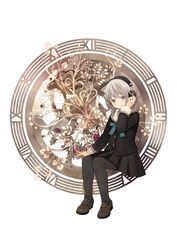  black_pantyhose black_shirt black_skirt brown_footwear commentary_request female gears grey_eyes grey_hair head_tilt headphones loafers long_sleeves original pantyhose roman_numeral school_uniform serafuku shirt shoes simple_background sitting skirt solo tozaki_makoto white_background 