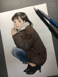  art_tools_in_frame brown_eyes brown_hair coat commentary_request female from_side full_body high_heels highres ink_(medium) inokuma_yawara lips looking_at_viewer photo_(medium) smile solo squatting traditional_media urasawa_naoki watercolor_pencil_(medium) yawara_a_fashionable_judo_girl 